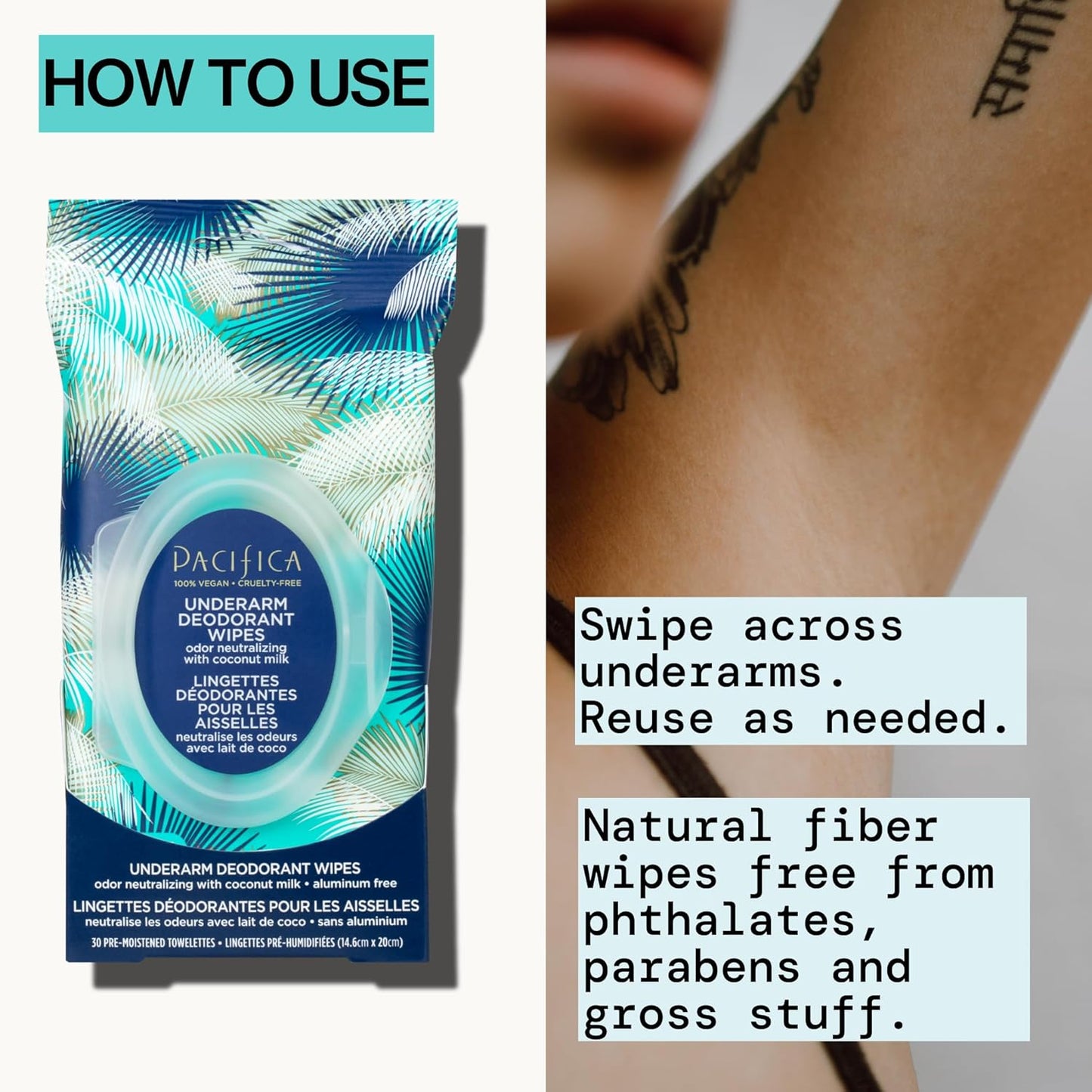Pacifica Deodorant Wipes - Coconut Milk Underarm & Full Body Deodorant Wipes - Removes Sweat & Oil - Aluminum-Free - Natural Feminine Odor Control Clean Vegan & Cruelty-Free Dermatologist Tested
